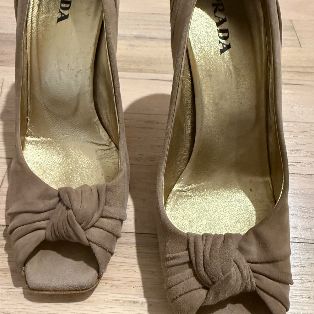 Prada Women's Taupe Suede Knotted Peep-Toe Heels
